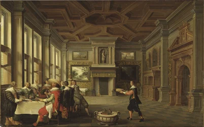 Diner distingue dans un interieur - Distinguished Dinner Company in an Interior, av Delen, Dirck van (ca 1605-1671). Olja på duk