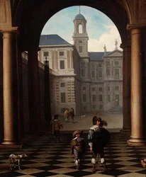 Eleganta figurer i en loggia vid ingången till ett palats
