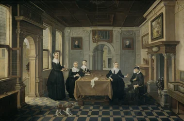 Fem damer i en interiör, ca 1630-1652 (olja på pannå)