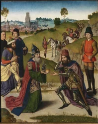 Nattvardens altartavla: Mötet mellan Abraham och Melkisedeks vänstra flygel, 1464-1468