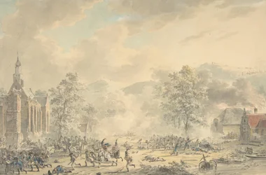 Stridsplats med kyrkan till vänster, ca. 1790-1800.