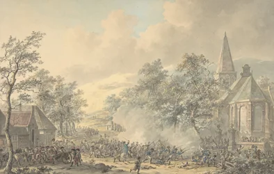 Stridsplats med kyrkan till höger, ca. 1790-1800.