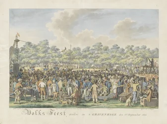 Folkfestival för att hedra ankomsten av Willem Frederik George Lodewijk, Nederländernas arvprins och Anna Paulowna, storhertiginnan av Ryssland Folkfest som firades i Haag den 6 september 1816 (titel på objekt)