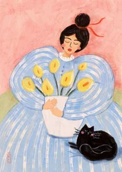 Kvinna med blommor och katt