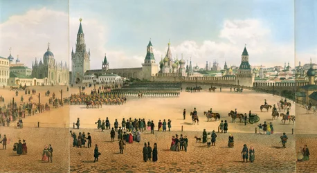 St. Basil-katedralen sedd från Kreml, från ett panorama av Moskva, graverad av Philippe Benoist 1813-c.1905 och Aubrun, pub. av Lemercier, c.1840 litho detalj av 105095