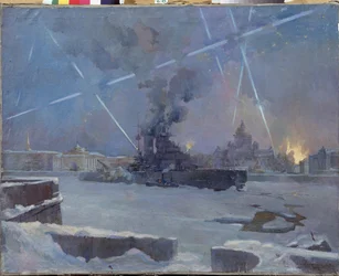 Tungt artilleri på Neva i Leningrad (Sankt Petersburg, Ryssland) 1942. (En kurass på den frusna floden försvarar den brinnande staden mot luftangrepp, under belägringen av Leningrad). Avsnitt av andra världskriget (1939-1945). Målare