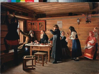 Religious Controversy - Målning av Dmitri Yegorovich Zhukov (1841-1903), olja på duk