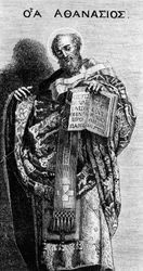 Athanasius av Alexandria (298-373) Kyrkofader, gravyr efter en målning av Domenichino i kyrkan i Grottaferrata