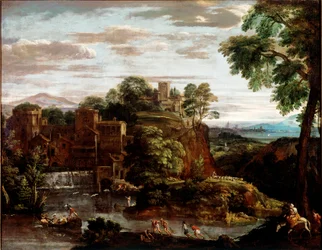 Landskap med flygning i Egypten Målning av Domenico Zampieri dit Il Domenichino (1581-1641) 1620 ca. Sol. 165x202 cm Paris, Musee du Louvren - Landskap med flykt till Egypten, av Domenico Zampieri a.k.a Il Domenichino (1581-1641). Olja på duk