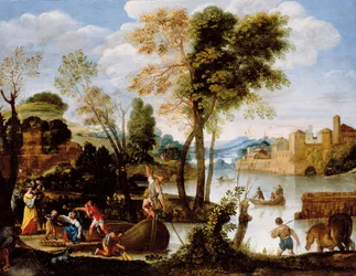 Italienskt flodlandskap med polingbåtsman och kvinna med en korg med krabbor, ca 1604-05