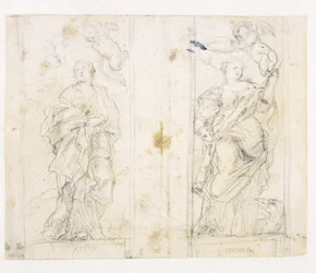 Två nischer med stående figurer av Sts Agatha och Margaret som kröns av putti