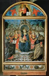 Madonna tronande, Jesusbarnet, två änglar och heligheterna Bartolomeus och Anthony Abbas ...