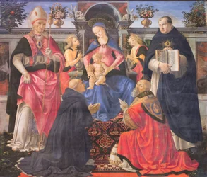 Madonna tronade med två änglar, helgon och påven St Clement
