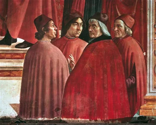 Stories of the Virgin Mary: Annunciation to Zacharias, detalj av Cristoforo Landino, Angelo Poliziano och Marsilio Ficino, c.1485-90 (fresk)