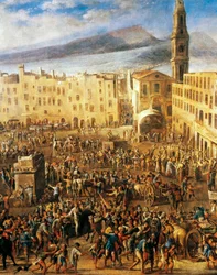 Piazza del Mercato i Neapel, detalj från Masaniellos revolt, av Domenico Gargiulo känd som Micco Spadaro (1609 eller 1610 - ca1675), målning.