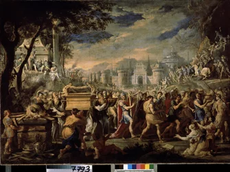 ""David bär förbundsarken in i Jerusalem"" (Kung David bär förbundsarken in i Jerusalem) Transporten av förbundsarkens heliga till Jerusalem, åtföljd av att kung David spelar psalteriet. Målning av Domenico Gargiulo (1609-1675)