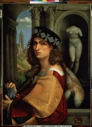 ""Porträtt av en ung man eller självporträtt"" (Porträtt av en man eller självporträtt) Målning av Domenico di Bernardo Capriolo (Caprioli) (1494-1528) 1512 Mått 117x85 cm Eremitagemuseet, Sankt Petersburg (Saint- Petersburg) Petersburg)