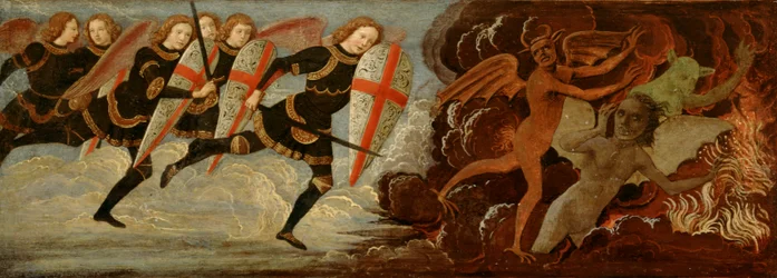 St. Michael och änglarna i krig med djävulen (tempera på träpanel)