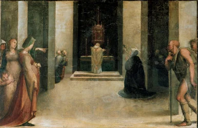 Altartavla av St. Catherines stigmas. Detalj av Predellen: Saint Catherine of Siena tar emot nattvarden av en ängel. Målning av Domenico Beccafumi (1486-1551)