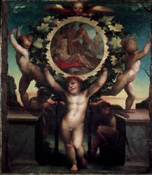 Änglar (Putti) med Noes fylleri. Målning av Domenico Beccafumi (1486-1551)