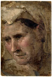 Beccafumi - Huvud av en gammal kvinna som tittar ner till vänster Olja på papper, 1953,1212.4