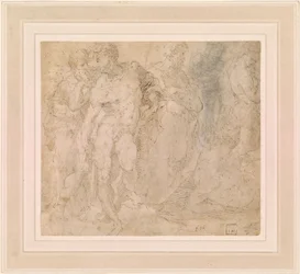 Beccafumi - Stående manlig naken bland en grupp figurer, en av dem liggande, ca 1530-1540