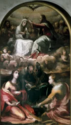 Kristus som kröner Jungfru Maria och fyra heliga (Sankta Maria Magdalena, Sankt Antonius av Padua (San antonio di padova), påven Sankt Gregoire I eller den store och Sankta Katarina av Alexandria). Målning av Domenico Beccafumi (1486-1551)