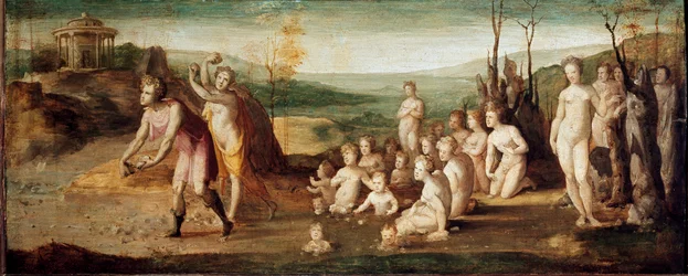 Deukalion och Pyrrha. Gestalter ur grekisk mytologi som kastar stenar vilka efter syndafloden ger upphov till människor. Målning av Domenico Beccafumi (1486-1551), omkring 1525-1530. Trä. Mått: 53 x 134 cm. Italien, Florens, Horne Foundation (Florens