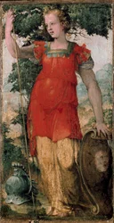 Kvinnlig karaktär, kanske Minerva. Målning av Domenico Beccafumi (1486-1551).