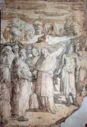 Berättelsen om Mose på berget Sinai: Hebréerna väntar på Moses återkomst. Förberedande teckning för golvet i Sienas katedral. Konstnärens levnadsår: 1486-1551. Italien, Siena, Nationella pinakoteket (Siena, Pinacoteca Nazionale).