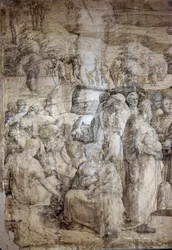 Berättelsen om Mose på berget Sinai: Hebréerna väntar på Moses återkomst. Förberedande teckning för golvet i Sienas katedral. Konstnärens levnadsår: 1486-1551. Italien, Siena, Nationella pinakoteket (Siena, Pinacoteca Nazionale).