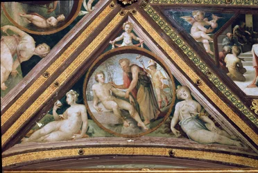 Promethee skapar människan under Merkurius blick som håller en lövfällande och bär en hjälm och sandaler vingar Fresco av Domenico Beccafumi (1486-1551)