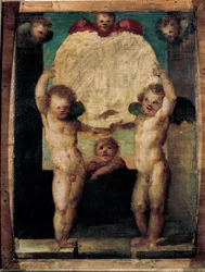 Putti reggimedaglione (Änglar som bär en medaljong ovanför sina huvuden). Målning av Domenico Beccafumi (1486-1551)