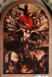 Saint Michael Chasing Rebel Angels Målning av Domenico Beccafumi (1486-1551) 1526-1530 ca. Sol. 348x225 cm. Siena, Chiesa di San Niccolo al Carmine