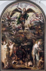 Sankt Mikael jagar de upproriska änglarna (De upproriska änglarnas fall). Målning av Domenico Beccafumi (1486-1551)