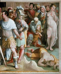 Mordet på den rike romerske plebejen Spurius Maelius (500-talet f.Kr.). Detalj. Fresk av Domenico di Giacomo di Pace, kallad Beccafumi (1486-1551), 1529-1535, Siena, Palazzo Pubblico