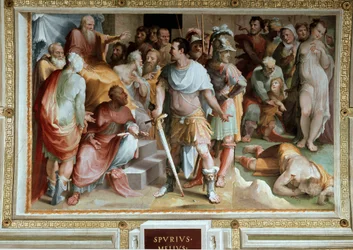 Mordet på den rike romerske plebejen Spurius Maelius (400-talet f.Kr.). Fresk av Domenico di Giacomo di Pace, kallad Beccafumi (1486-1551), 1529-1535. Siena, Palazzo Pubblico