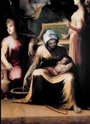 Jungfru Marias födelse. Detalj som visar en tjänsteflicka med det nyfödda barnet. Konstnärens levnadsår: 1486-1551, cirka 1540-1543. Mått: 233x145 cm. Italien, Siena, Nationella pinakoteket (Siena, Pinacoteca Nazionale).
