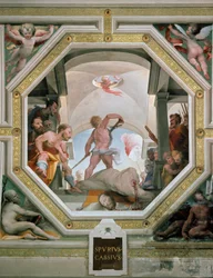 Halshuggningen av Spurius Cassius Vecellinus eller Viscellinus avrättad av sin far för att han övervägde att bli kung 485 f.Kr. Fresco av Domenico di Giacomo di Pace dit Beccafumi (1486-1551) 1529-1535 Siena (Siena), Palazzo Pubblico