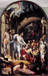 Kristi nedstigning till limbo. Han håller en vit fana med ett rött kors, en symbol för uppståndelsen. Målning av Domenico Beccafumi (1486-1551)