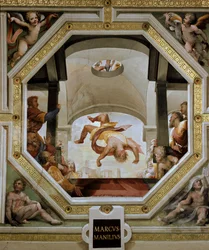 Marcus Manlius Capitolinus, Roms konsuls, fall från citadellet på Capitolium under den galliska invasionen år 390 f.Kr. Fresk av Domenico di Giacomo di Pace, kallad Beccafumi (1486-1551), 1529-1530, Siena, Palazzo Casini Casuccini