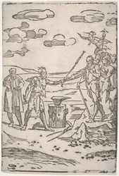 Förfalskaren som står vid ett städ och drar en man i kedjor, från serien The var..., ca. 1540-1550.