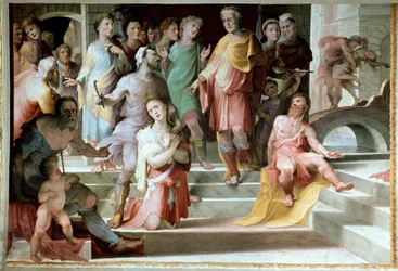 Offret av Seleucos de Locres (Seleucus de Locride) Seleucos för att förblinda sin son, för att straffa honom för en våldtäkt han hade begått, föredrar att dö ett av hans ögon. Fresk av Domenico di Giacomo di Pace dit Beccafumi (1486-1551) 1529-1535 Siena, 