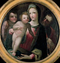 Tondo av den heliga familjen med Saint John the Baptist-barn. Målning tillskriven Domenico Beccafumi (1486-1551). Trä. Diameter: 60 cm. Siena, Collezione Chigi-Saracini