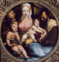 Tondo representerar den heliga familjen med Saint Giovanni (Saint Johannes Döparen) och en donator. Målning av Domenico Beccafumi (1486-1551)