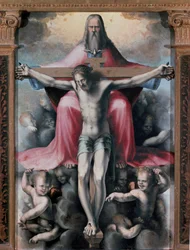 Treenighetens triptyk, Detalj centralpanel: treenigheten. Målning av Domenico Beccafumi (1486-1551)
