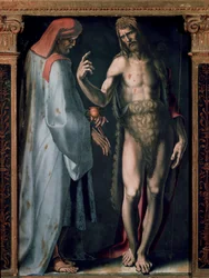 Treenighetens triptyk, Detalj vänster panel: Saint Cosimo (Kom eller Cosimo) och Saint John the Baptist. Målning av Domenico Beccafumi (1486-1551)