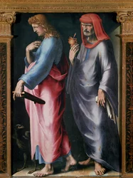 Treenighetens triptyk, Detalj högra panelen (Sankt Johannes evangelisten och Sankt Damien). Målning av Domenico Beccafumi (1486-1551)