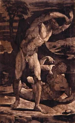 Två manliga nakenbilder i ett landskap, ca 1540-80 (gravyr och träkloss)