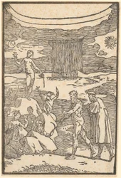Vulkan och filosofen (Teoria) ger sig ut på jakt efter de metaller som finns inneslutna i klipporna, blad 2 i serien ”De la Pirotechnia”